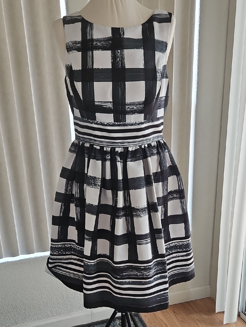 Eliza J Black and White Brushstroke Plaid Midi Dress with Striped Hem